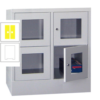 Schließfachschrank - Sichtfenstertüren - 4 Fächer a 400 mm - 855x800x500 mm (HxBxT) - Sockel - Drehriegel - reinweiß/zinkgelb RAL 1018 Zinkgelb | RAL 9010 Reinweiß