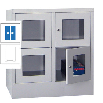 Schließfachschrank - Sichtfenstertüren - 4 Fächer a 400 mm - 855x800x500 mm (HxBxT) - Sockel - Drehriegel - reinweiß/himmelblau RAL 5015 Himmelblau | RAL 9010 Reinweiß