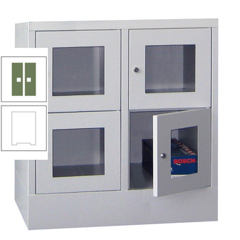 Schließfachschrank - Sichtfenstertüren - 4 Fächer a 400 mm - 855x800x500 mm (HxBxT) - Sockel - Drehriegel - reinweiß/resedagrün RAL 6011 Resedagrün | RAL 9010 Reinweiß