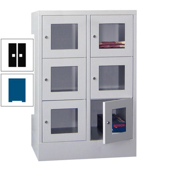 Schließfachschrank - Sichtfenstertüren - 6 Fächer a 400 mm - 1.187x800x500 mm (HxBxT) - Sockel - Zylinderschloss - enzianblau/tiefschwarz RAL 9005 Tiefschwarz | RAL 5010 Enzianblau