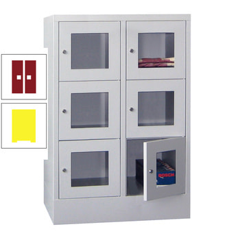 Schließfachschrank - Sichtfenstertüren - 6 Fächer a 400 mm - 1.187x800x500 mm (HxBxT) - Sockel - Drehriegel - zinkgelb/rubinrot RAL 3003 Rubinrot | RAL 1018 Zinkgelb