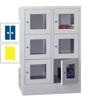 Schließfachschrank - Sichtfenstertüren - 6 Fächer a 400 mm - 1.187x800x500 mm (HxBxT) - Sockel - Drehriegel - zinkgelb/enzianblau RAL 5010 Enzianblau | RAL 1018 Zinkgelb