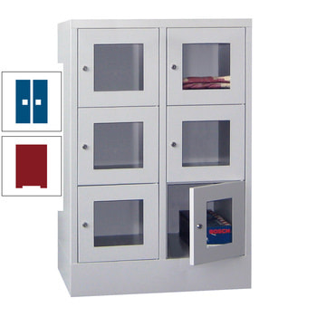 Schließfachschrank - Sichtfenstertüren - 6 Fächer a 400 mm - 1.187x800x500 mm (HxBxT) - Sockel - Drehriegel - rubinrot/enzianblau RAL 5010 Enzianblau | RAL 3003 Rubinrot