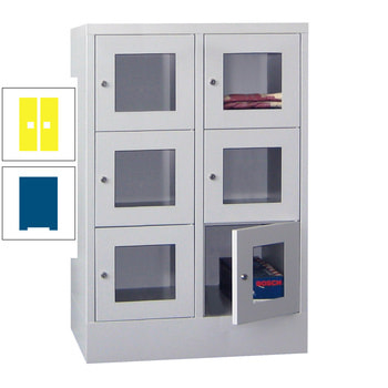 Schließfachschrank - Sichtfenstertüren - 6 Fächer a 400 mm - 1.187x800x500 mm (HxBxT) - Sockel - Drehriegel - enzianblau/zinkgelb RAL 1018 Zinkgelb | RAL 5010 Enzianblau