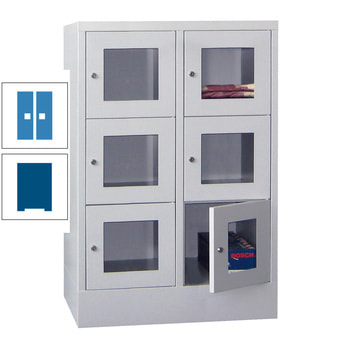 Schließfachschrank - Sichtfenstertüren - 6 Fächer a 400 mm - 1.187x800x500 mm (HxBxT) - Sockel - Drehriegel - enzianblau/lichtblau RAL 5012 Lichtblau | RAL 5010 Enzianblau