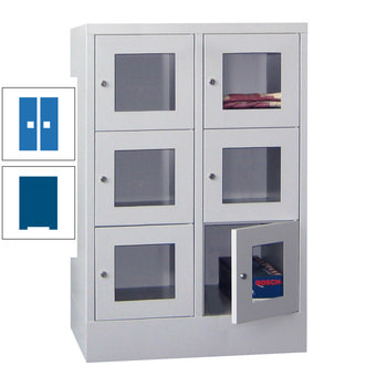 Schließfachschrank - Sichtfenstertüren - 6 Fächer a 400 mm - 1.187x800x500 mm (HxBxT) - Sockel - Drehriegel - enzianblau/himmelblau RAL 5015 Himmelblau | RAL 5010 Enzianblau