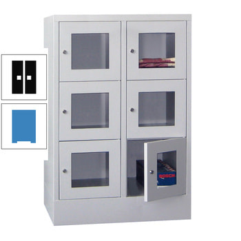 Schließfachschrank - Sichtfenstertüren - 6 Fächer a 400 mm - 1.187x800x500 mm (HxBxT) - Sockel - Drehriegel - lichtblau/tiefschwarz RAL 9005 Tiefschwarz | RAL 5012 Lichtblau