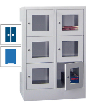 Schließfachschrank - Sichtfenstertüren - 6 Fächer a 400 mm - 1.187x800x500 mm (HxBxT) - Sockel - Drehriegel - himmelblau/enzianblau RAL 5010 Enzianblau | RAL 5015 Himmelblau