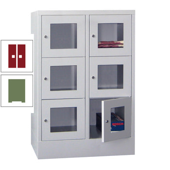 Schließfachschrank - Sichtfenstertüren - 6 Fächer a 400 mm - 1.187x800x500 mm (HxBxT) - Sockel - Drehriegel - resedagrün/rubinrot RAL 3003 Rubinrot | RAL 6011 Resedagrün