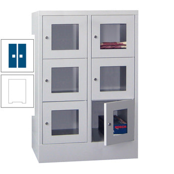 Schließfachschrank - Sichtfenstertüren - 6 Fächer a 400 mm - 1.187x800x500 mm (HxBxT) - Sockel - Drehriegel - reinweiß/enzianblau RAL 5010 Enzianblau | RAL 9010 Reinweiß