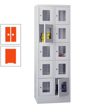 Schließfachschrank - Sichtfenstertüren - 10 Fächer a 300 mm - 1.850x600x500 mm (HxBxT) - Sockel - Zylinderschloss - reinorange RAL 2004 Reinorange | RAL 2004 Reinorange