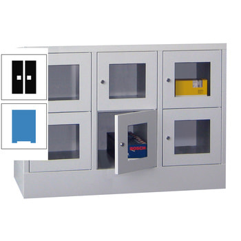 Schließfachschrank - Sichtfenstertüren - 6 Fächer a 300 mm - 855x900x500 mm (HxBxT) - Sockel - Zylinderschloss - lichtblau/tiefschwarz RAL 9005 Tiefschwarz | RAL 5012 Lichtblau