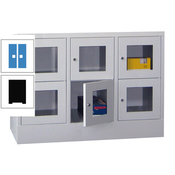 Schließfachschrank - Sichtfenstertüren - 6 Fächer a 300 mm - 855x900x500 mm (HxBxT) - Sockel - Zylinderschloss - tiefschwarz/lichtblau RAL 5012 Lichtblau | RAL 9005 Tiefschwarz