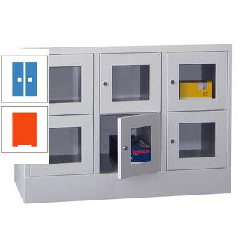 Schließfachschrank - Sichtfenstertüren - 6 Fächer a 300 mm - 855x900x500 mm (HxBxT) - Sockel - Drehriegel - reinorange/lichtblau RAL 5012 Lichtblau | RAL 2004 Reinorange