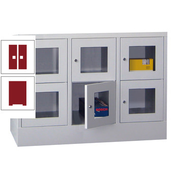 Schließfachschrank - Sichtfenstertüren - 6 Fächer a 300 mm - 855x900x500 mm (HxBxT) - Sockel - Drehriegel - rubinrot RAL 3003 Rubinrot | RAL 3003 Rubinrot