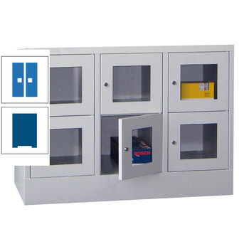 Schließfachschrank - Sichtfenstertüren - 6 Fächer a 300 mm - 855x900x500 mm (HxBxT) - Sockel - Drehriegel - enzianblau/himmelblau RAL 5015 Himmelblau | RAL 5010 Enzianblau