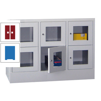 Schließfachschrank - Sichtfenstertüren - 6 Fächer a 300 mm - 855x900x500 mm (HxBxT) - Sockel - Drehriegel - himmelblau/rubinrot RAL 3003 Rubinrot | RAL 5015 Himmelblau