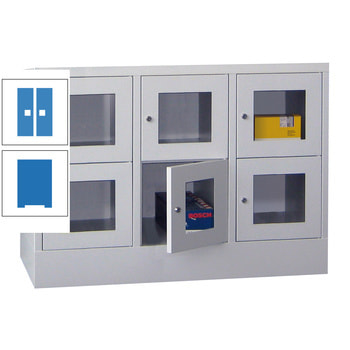 Schließfachschrank - Sichtfenstertüren - 6 Fächer a 300 mm - 855x900x500 mm (HxBxT) - Sockel - Drehriegel - himmelblau/lichtblau RAL 5012 Lichtblau | RAL 5015 Himmelblau