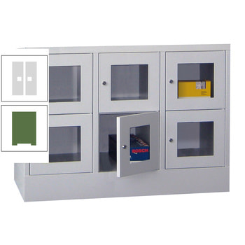 Schließfachschrank - Sichtfenstertüren - 6 Fächer a 300 mm - 855x900x500 mm (HxBxT) - Sockel - Drehriegel - resedagrün/lichtgrau RAL 7035 Lichtgrau | RAL 6011 Resedagrün