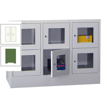 Schließfachschrank - Sichtfenstertüren - 6 Fächer a 300 mm - 855x900x500 mm (HxBxT) - Sockel - Drehriegel - resedagrün/reinweiß RAL 9010 Reinweiß | RAL 6011 Resedagrün