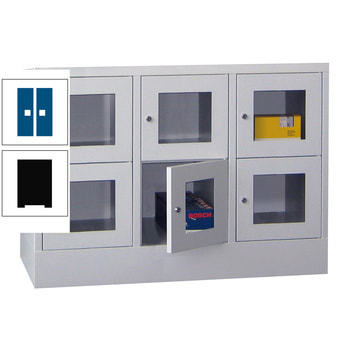 Schließfachschrank - Sichtfenstertüren - 6 Fächer a 300 mm - 855x900x500 mm (HxBxT) - Sockel - Drehriegel - tiefschwarz/enzianblau RAL 5010 Enzianblau | RAL 9005 Tiefschwarz