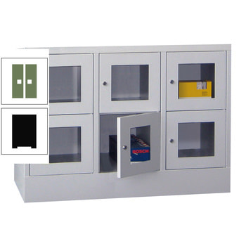Schließfachschrank - Sichtfenstertüren - 6 Fächer a 300 mm - 855x900x500 mm (HxBxT) - Sockel - Drehriegel - tiefschwarz/resedagrün RAL 6011 Resedagrün | RAL 9005 Tiefschwarz