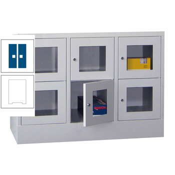 Schließfachschrank - Sichtfenstertüren - 6 Fächer a 300 mm - 855x900x500 mm (HxBxT) - Sockel - Drehriegel - reinweiß/enzianblau RAL 5010 Enzianblau | RAL 9010 Reinweiß