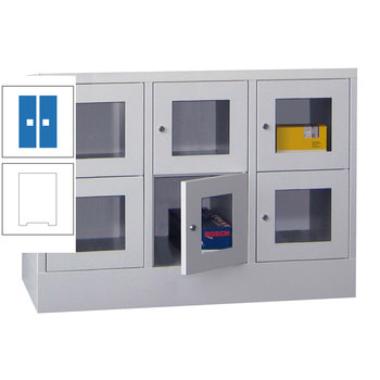 Schließfachschrank - Sichtfenstertüren - 6 Fächer a 300 mm - 855x900x500 mm (HxBxT) - Sockel - Drehriegel - reinweiß/himmelblau RAL 5015 Himmelblau | RAL 9010 Reinweiß