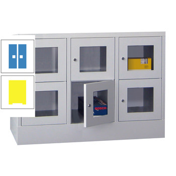 Schließfachschrank - Sichtfenstertüren - 6 Fächer a 400 mm - 855x1.200x500 mm (HxBxT) - Sockel - Zylinderschloss - zinkgelb/lichtblau RAL 5012 Lichtblau | RAL 1018 Zinkgelb