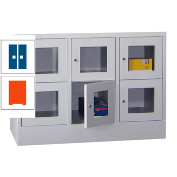 Schließfachschrank - Sichtfenstertüren - 6 Fächer a 400 mm - 855x1.200x500 mm (HxBxT) - Sockel - Zylinderschloss - reinorange/enzianblau RAL 5010 Enzianblau | RAL 2004 Reinorange