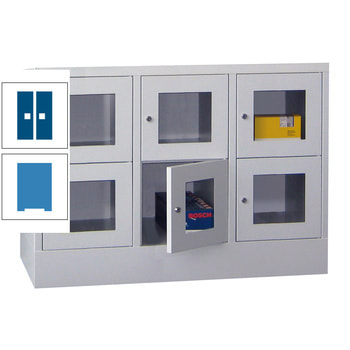 Schließfachschrank - Sichtfenstertüren - 6 Fächer a 400 mm - 855x1.200x500 mm (HxBxT) - Sockel - Zylinderschloss - lichtblau/enzianblau RAL 5010 Enzianblau | RAL 5012 Lichtblau