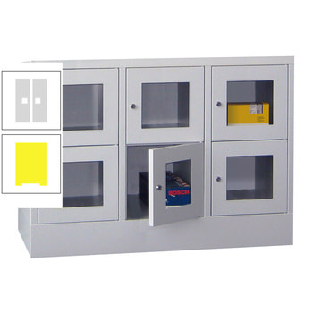 Schließfachschrank - Sichtfenstertüren - 6 Fächer a 400 mm - 855x1.200x500 mm (HxBxT) - Sockel - Drehriegel - zinkgelb/lichtgrau RAL 7035 Lichtgrau | RAL 1018 Zinkgelb
