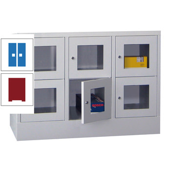 Schließfachschrank - Sichtfenstertüren - 6 Fächer a 400 mm - 855x1.200x500 mm (HxBxT) - Sockel - Drehriegel - rubinrot/himmelblau RAL 5015 Himmelblau | RAL 3003 Rubinrot