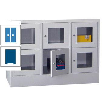 Schließfachschrank - Sichtfenstertüren - 6 Fächer a 400 mm - 855x1.200x500 mm (HxBxT) - Sockel - Drehriegel - enzianblau/lichtblau RAL 5012 Lichtblau | RAL 5010 Enzianblau