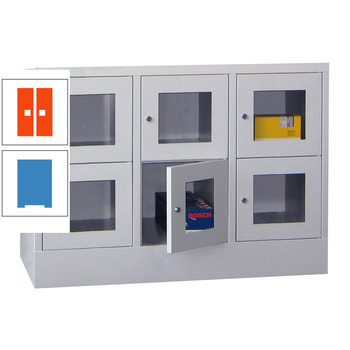 Schließfachschrank - Sichtfenstertüren - 6 Fächer a 400 mm - 855x1.200x500 mm (HxBxT) - Sockel - Drehriegel - lichtblau/reinorange RAL 2004 Reinorange | RAL 5012 Lichtblau