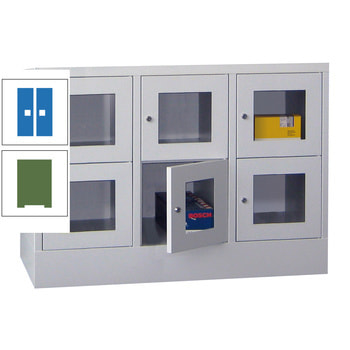 Schließfachschrank - Sichtfenstertüren - 6 Fächer a 400 mm - 855x1.200x500 mm (HxBxT) - Sockel - Drehriegel - resedagrün/himmelblau RAL 5015 Himmelblau | RAL 6011 Resedagrün