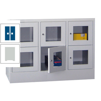 Schließfachschrank - Sichtfenstertüren - 6 Fächer a 400 mm - 855x1.200x500 mm (HxBxT) - Sockel - Drehriegel - lichtgrau/enzianblau RAL 5010 Enzianblau | RAL 7035 Lichtgrau