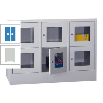 Schließfachschrank - Sichtfenstertüren - 6 Fächer a 400 mm - 855x1.200x500 mm (HxBxT) - Sockel - Drehriegel - lichtgrau/lichtblau RAL 5012 Lichtblau | RAL 7035 Lichtgrau
