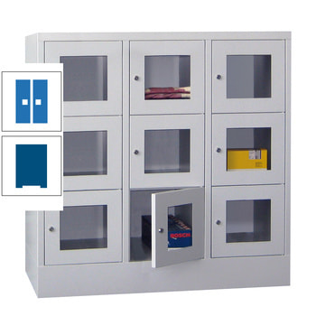 Schließfachschrank - Sichtfenstertüren - 9 Fächer a 400 mm - 1.187x1.200x500 mm (HxBxT) - Sockel - Drehriegel - enzianblau/himmelblau RAL 5015 Himmelblau | RAL 5010 Enzianblau