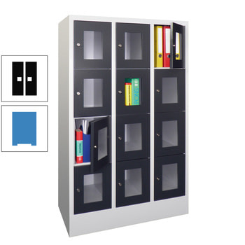 Schließfachschrank - Sichtfenstertüren - 12 Fächer a 300 mm - 1.518x900x500 mm (HxBxT) - Sockel - Zylinderschloss - lichtblau/tiefschwarz RAL 9005 Tiefschwarz | RAL 5012 Lichtblau