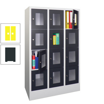 Schließfachschrank - Sichtfenstertüren - 12 Fächer a 300 mm - 1.518x900x500 mm (HxBxT) - Sockel - Zylinderschloss - anthrazitgrau/zinkgelb RAL 1018 Zinkgelb | RAL 7016 Anthrazitgrau