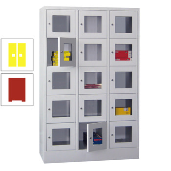 Schließfachschrank - Sichtfenstertüren - 15 Fächer a 400 mm - 1.850x1.200x500 mm (HxBxT) - Sockel - Drehriegel - feuerrot/zinkgelb RAL 1018 Zinkgelb | RAL 3000 Feuerrot