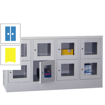 Schließfachschrank - Sichtfenstertüren - 8 Fächer a 300 mm - 855x1.200x500 mm (HxBxT) - Sockel - Drehriegel - zinkgelb/lichtblau RAL 5012 Lichtblau | RAL 1018 Zinkgelb