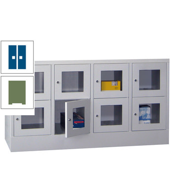 Schließfachschrank - Sichtfenstertüren - 8 Fächer a 300 mm - 855x1.200x500 mm (HxBxT) - Sockel - Drehriegel - resedagrün/enzianblau RAL 5010 Enzianblau | RAL 6011 Resedagrün