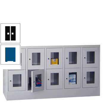 Schließfachschrank - Sichtfenstertüren - 10 Fächer a 300 mm - 855x1.500x500 mm (HxBxT) - Sockel - Drehriegel - enzianblau/tiefschwarz RAL 9005 Tiefschwarz | RAL 5010 Enzianblau