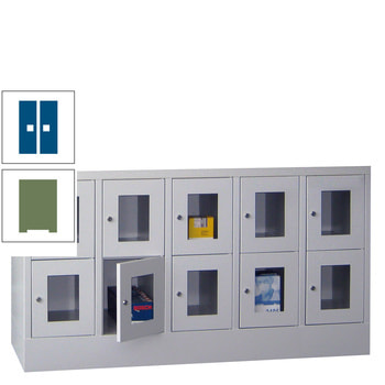 Schließfachschrank - Sichtfenstertüren - 10 Fächer a 300 mm - 855x1.500x500 mm (HxBxT) - Sockel - Drehriegel - resedagrün/enzianblau RAL 5010 Enzianblau | RAL 6011 Resedagrün