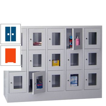 Schließfachschrank - Sichtfenstertüren - 15 Fächer a 300 mm - 1.187x1.500x500 mm (HxBxT) - Sockel - Zylinderschloss - reinorange/enzianblau RAL 5010 Enzianblau | RAL 2004 Reinorange