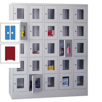 Schließfachschrank - Sichtfenstertüren - 25 Fächer a 300 mm - 1.850x1.500x500 mm (HxBxT) - Sockel - Zylinderschloss - rubinrot/lichtblau RAL 5012 Lichtblau | RAL 3003 Rubinrot