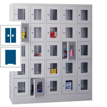 Schließfachschrank - Sichtfenstertüren - 25 Fächer a 300 mm - 1.850x1.500x500 mm (HxBxT) - Sockel - Zylinderschloss - enzianblau RAL 5010 Enzianblau | RAL 5010 Enzianblau