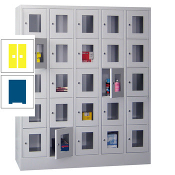 Schließfachschrank - Sichtfenstertüren - 25 Fächer a 300 mm - 1.850x1.500x500 mm (HxBxT) - Sockel - Zylinderschloss - enzianblau/zinkgelb RAL 1018 Zinkgelb | RAL 5010 Enzianblau